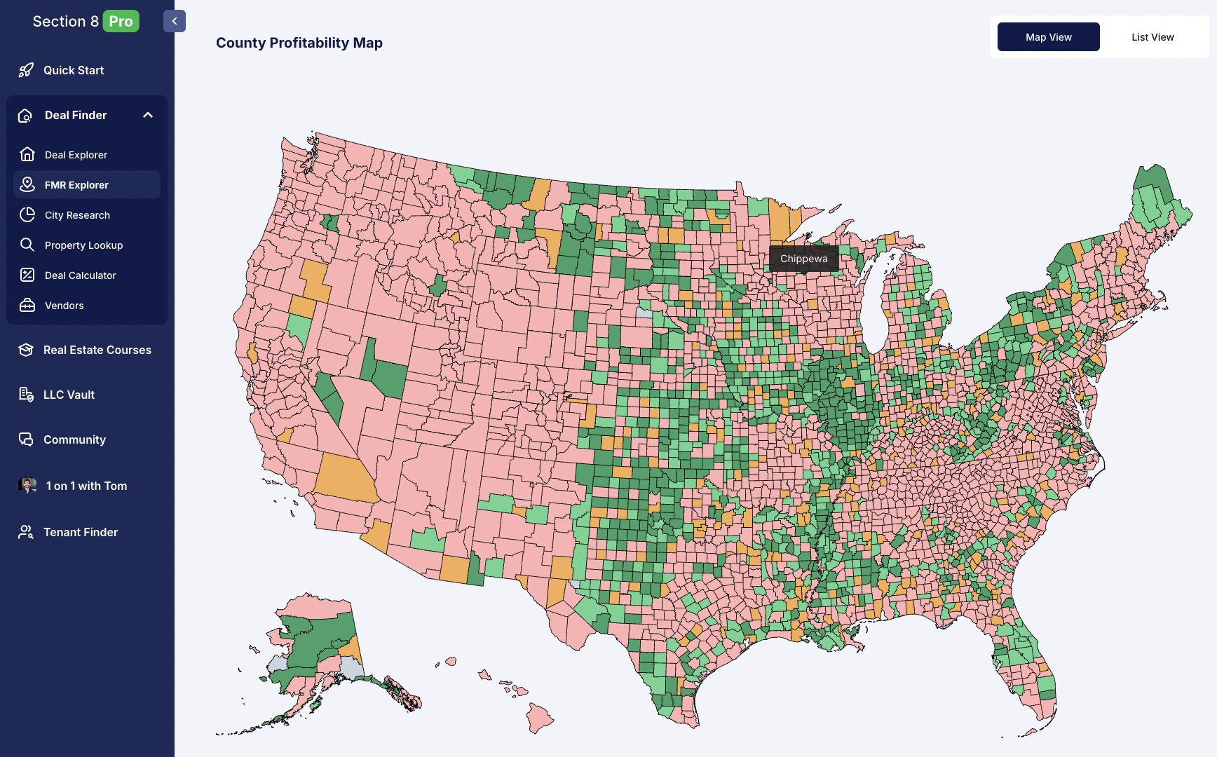 Section 8 Pro county profitability map showing cashflow optimized markets
