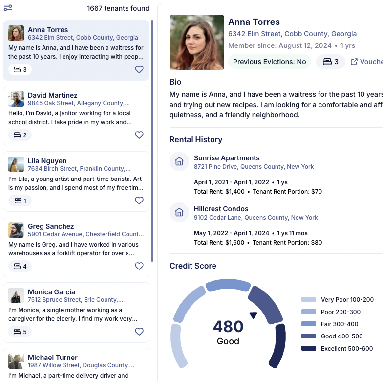 Tenant profiles with rental history and credit scores