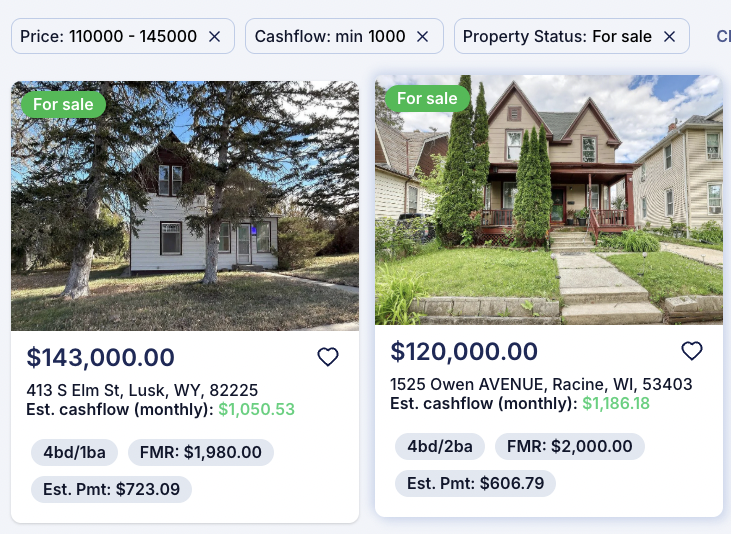 Deal Finder showing Section 8 properties with cashflow
