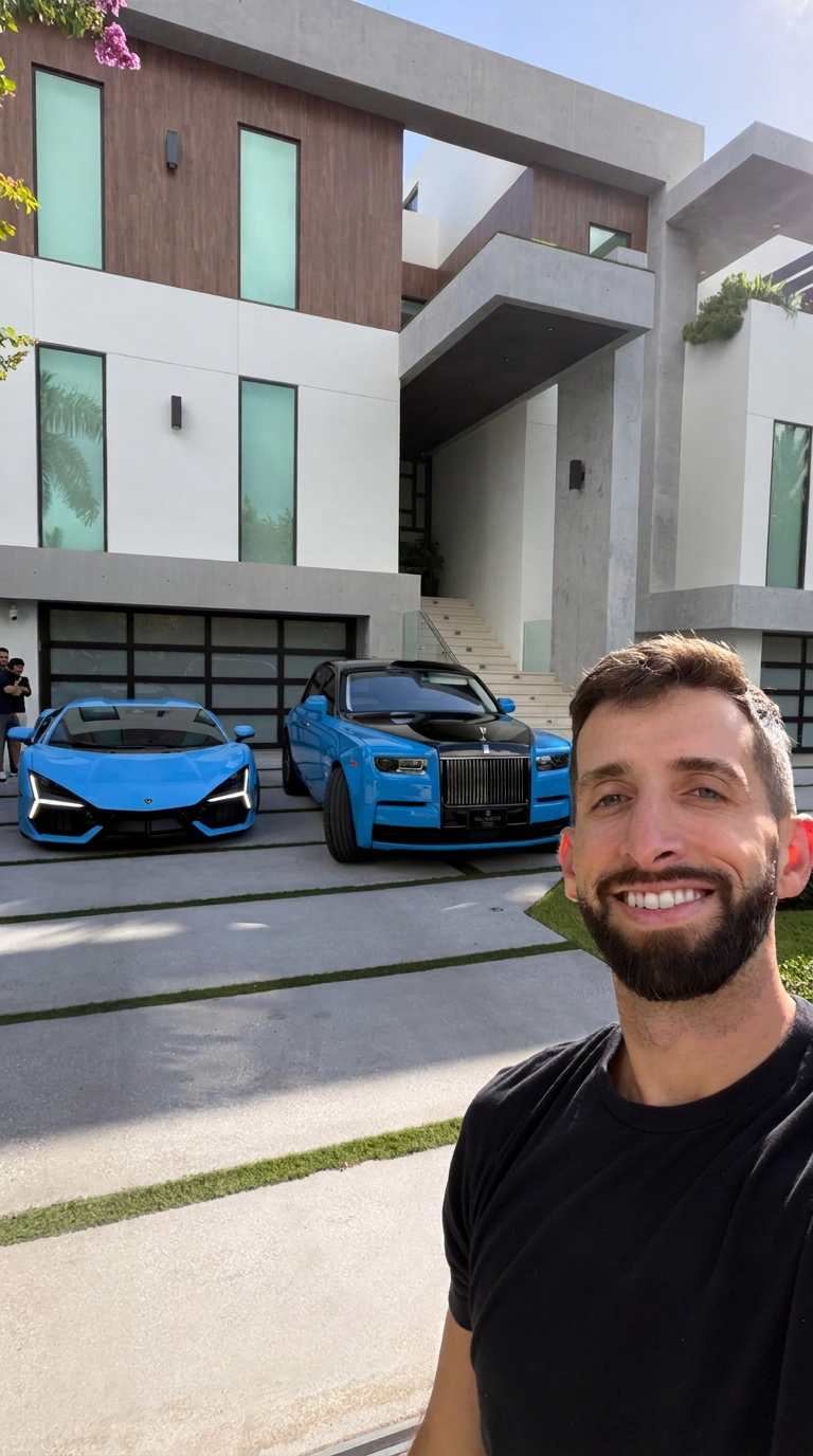 Tom Cruz in front of his Miami home with his Lamborghini and Rolls-Royce